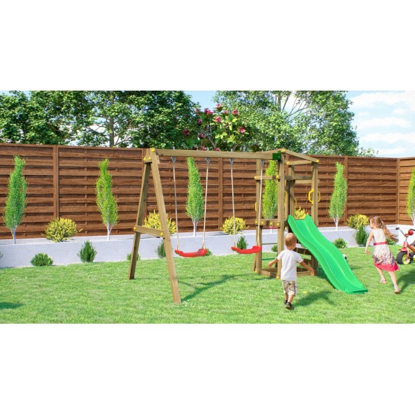 Ξύλινη Παιδική Χαρά κήπου με τσουλήθρα και διπλή κούνια