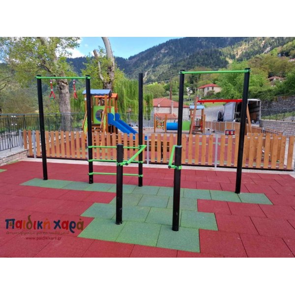 Σύνθετο όργανο καλλισθενικής γυμναστικής με μονόζυγο, δίζυγο και σχοινιά ισορροπίας